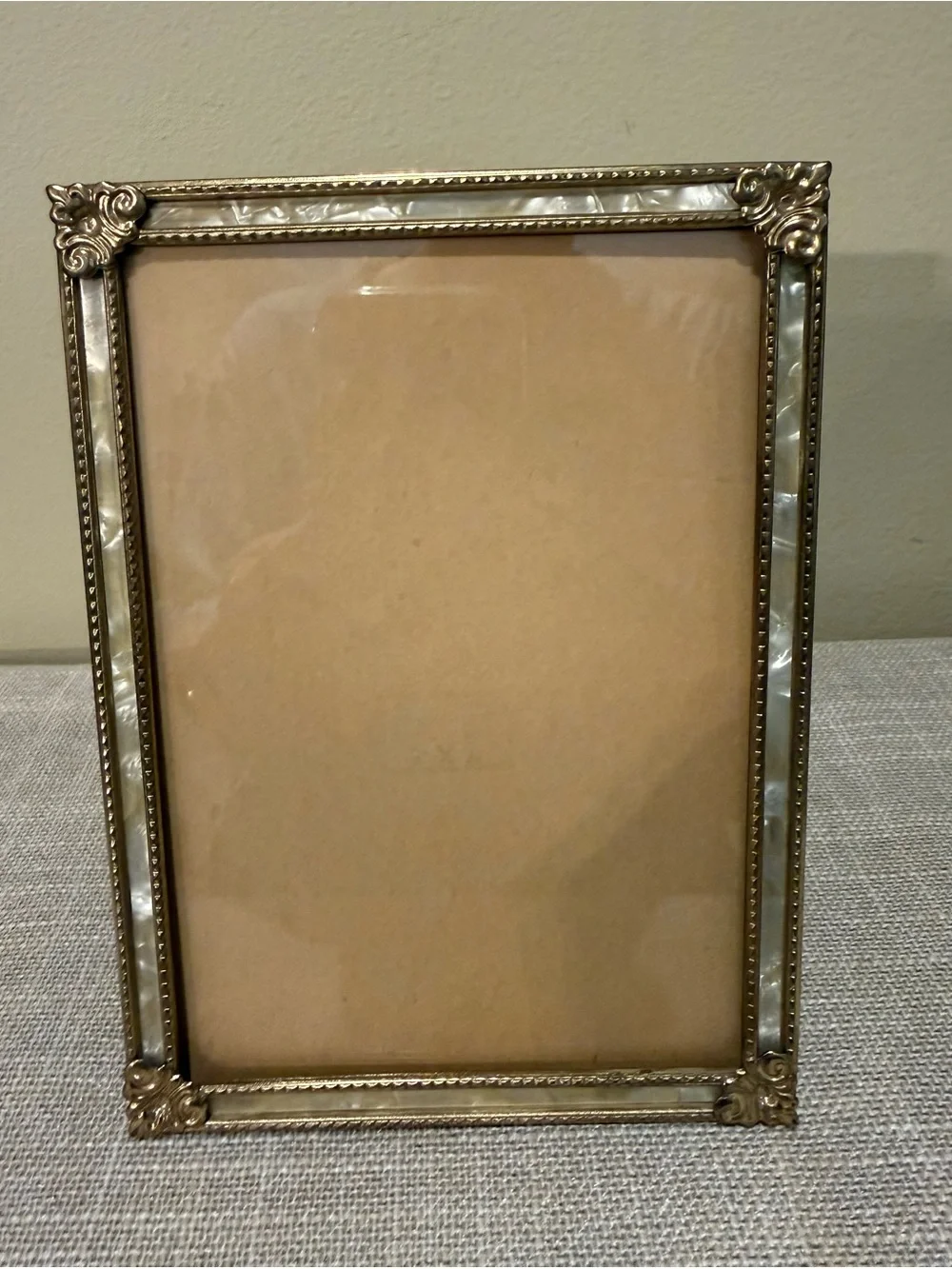 Vintage Brass & Mother of Pearl Photo Frame 5x7 Ornate Gold Floral Edge